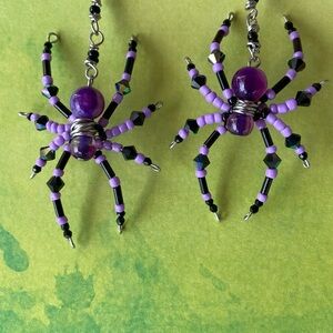 Purple and Black Beaded Spider Earrings